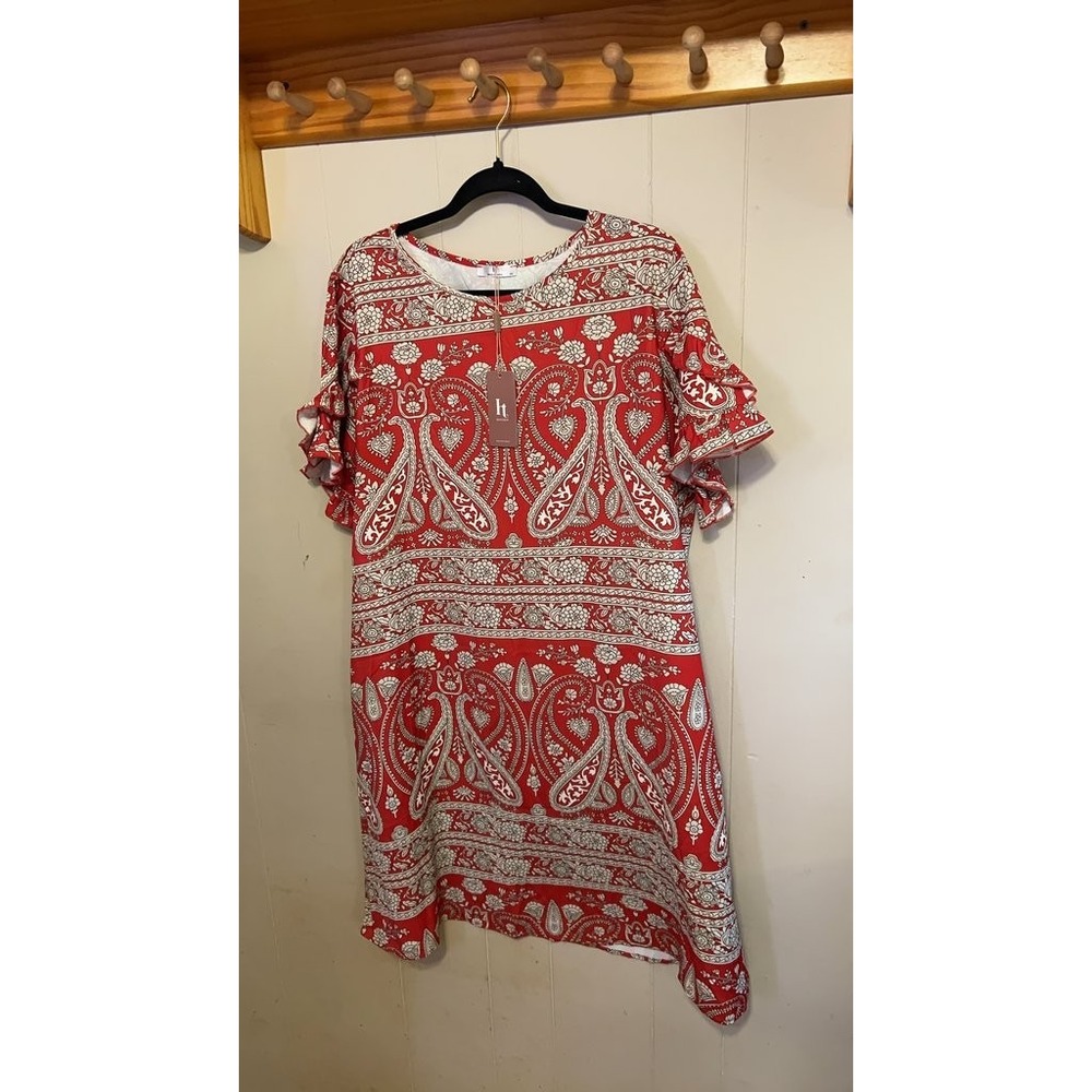 Hotouch Red Paisley Print Dress with Ruffle Sleeves